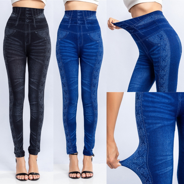 Fashion Slim Women Leggings Faux Denim Jeans Leggings Sexy Hole