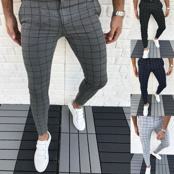 Men Plaid Pants Casual Skinny Pants for 