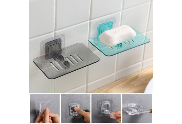 Wall Mounted Soap Holder Self  Storage Box Drain Dish Adhesive Shower Bathroom 