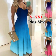 New Summer Women Sleeveless Gradient Color Printing Dresses V-Neck Big Swing Beach Skirts Loose Casual Long Maxi Dresses Plus Size S-5XL
