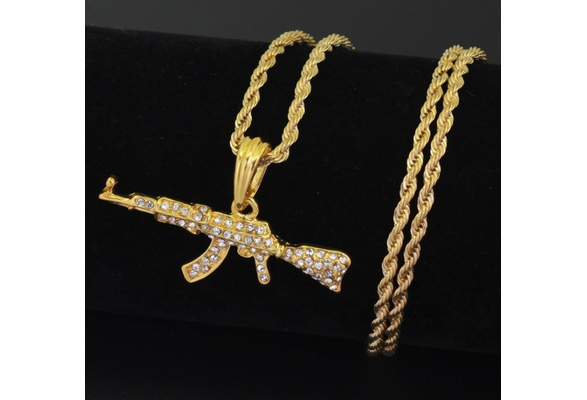 Real Solid 925 Silver / 14k Gold Mens AK47 Gun Rifle Pendant Necklace Hip  Hop | eBay