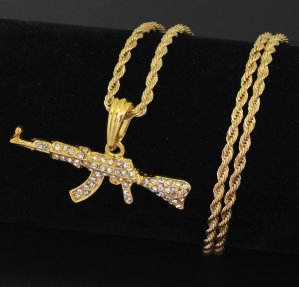 14k Gold White Gold AK47 Gun Pendant w/ 24" Rope Chain Hip Hop
