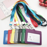 PU Leather Card Holder with Neck Lanyard Rope Double Card Sleeve ID ...