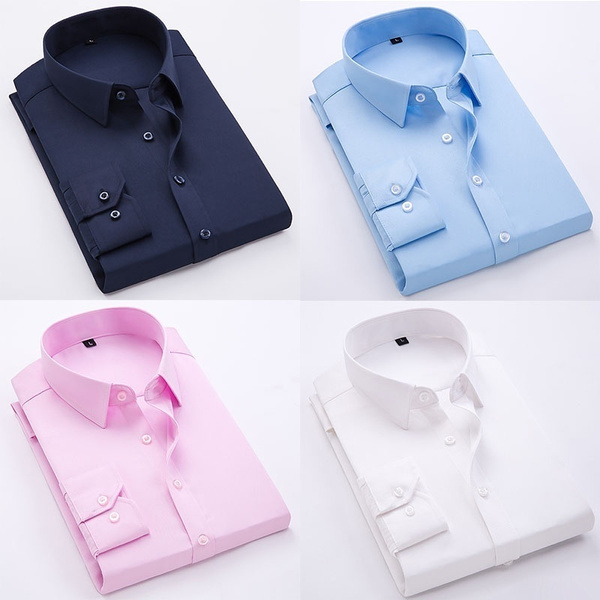 Mens Work Shirts Brand Soft Long Sleeved Square Collar Regular Solid Plain/  Twill Men Dress Shirts Male Tops