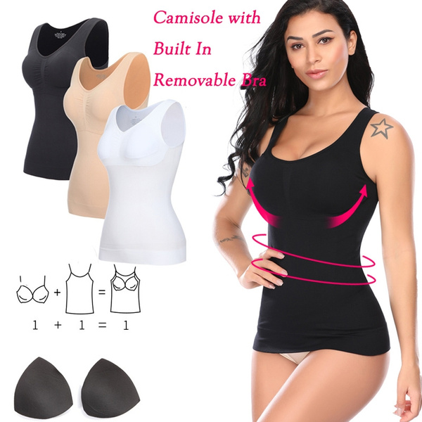 Women Compression Camisole with Built in Removable Bra Pads Body Shaper Tank  Top