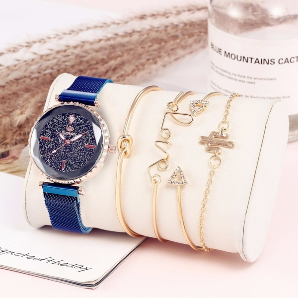 5pc/set Luxury Women Watches Starry Sky Magnet Watch Buckle Fashion Casual Female  Wristwatch Roman Numeral Simple Bracelet