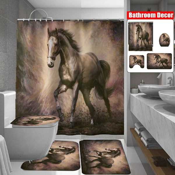 Brown Horse Shower Curtain Bath Mat Toilet Cover Rug Bathroom Decor Set 
