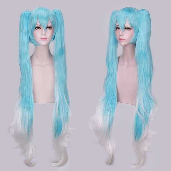 120cm Vocaloid Anime Cosplay Miku Wig Synthetic Hair Halloween Costume Woman Wigs With Double Long Blue White Ombre Ponytails