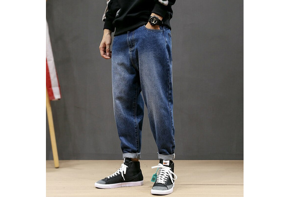 Fashion Men Jeans Loose Fit Retro Blue Black Color Elastic Harem