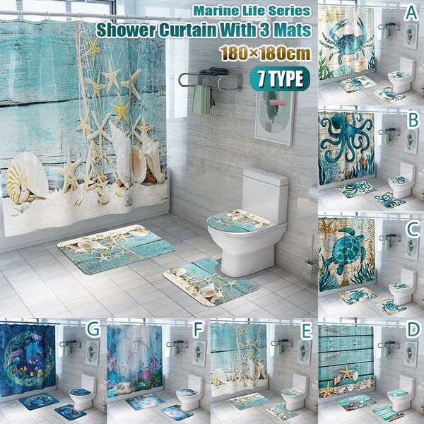 Sea Conch Starfish Shower Curtain BathMat Toilet Cover Rug Bathroom Set 1/3/4Pcs 