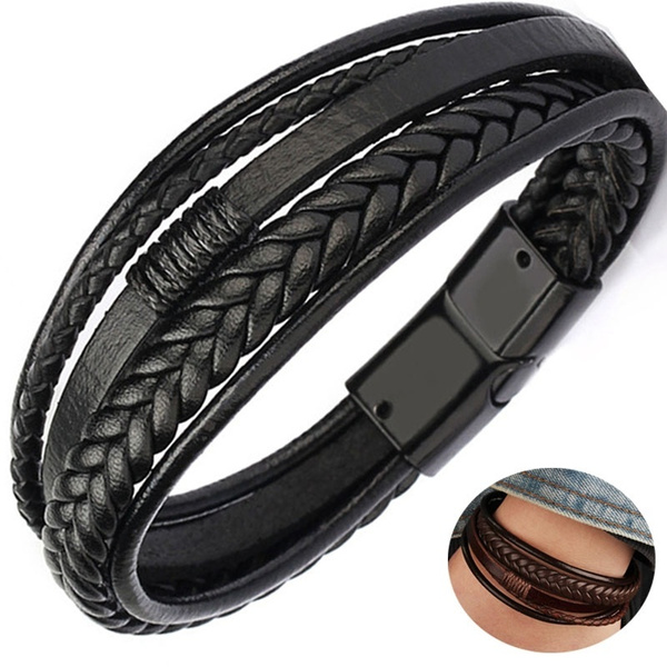 Mens Leather Cuff Bracelet Adjustable With Magnetic Clasp Cowhide  Multi-layer Leather Braided Boys Leather Bracelets Gift