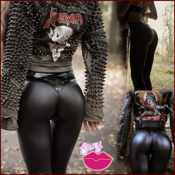 Punk Women Skinny Black PU Leather Leggings Black Tights Pants Latex  Elastic Pants for Women | Wish