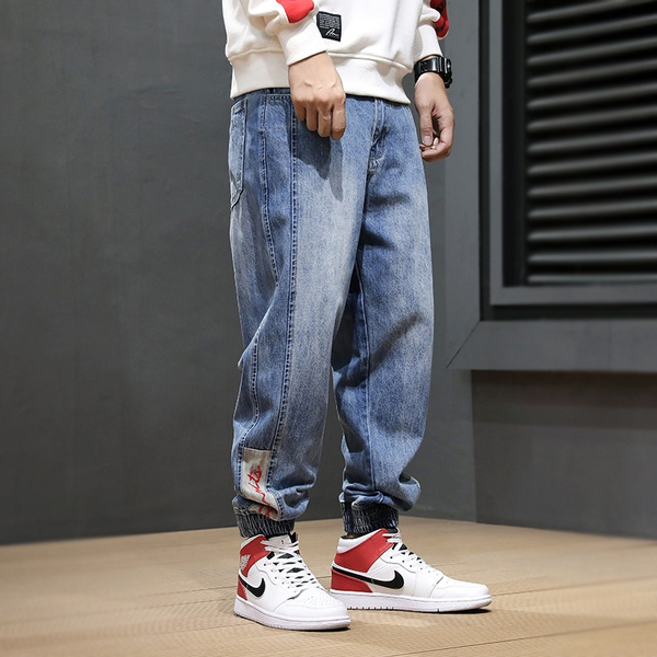 Fashion Streetwear Men Jeans Side Stripe Spliced Designer Harem Jeans Men Cargo Pants Loose Fit Japanese Hip Hop Joggers Jeans