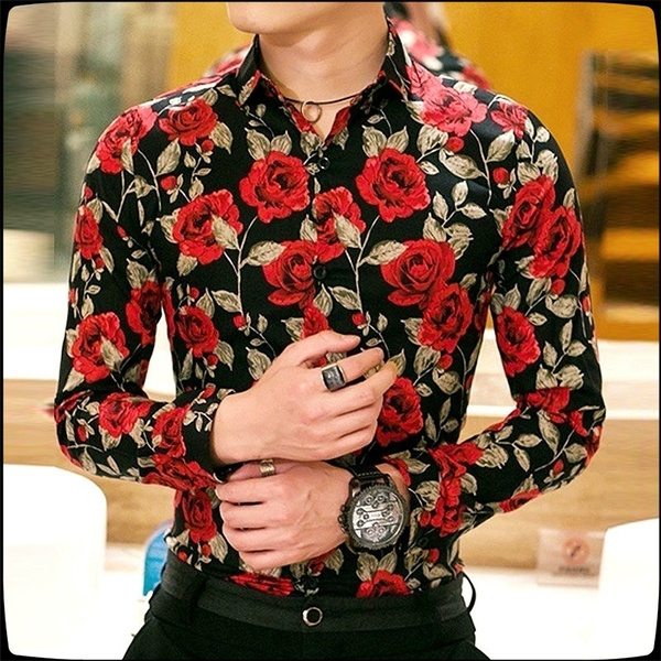 New Mens Long Sleeve Slim Shirt Male Luxury Dress Shirts Tee Fit Casual  Rose Flower Printed Stylish Dress Shirts