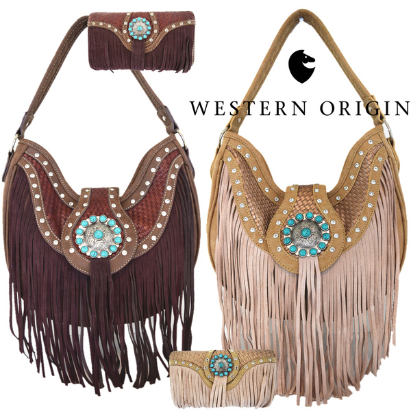 Western Fringe Handbag Concealed Carry Purse Women Shoulder Bag Wallet Set  Brown
