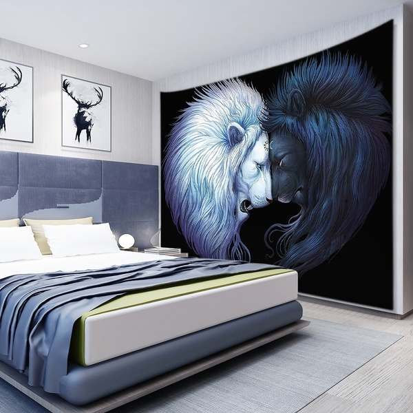 Luxury Wall Decor Mandala Black White Lion Pattern Tapestry Indian