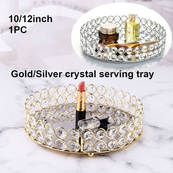 Gold Silver Crystal Serving Tray, Large Vanity Tray Silver