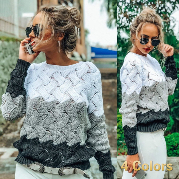 Women Winter Long Sleeve Crewneck Knitted Pullover Sweater Vintage Splice Ladies Pullover 