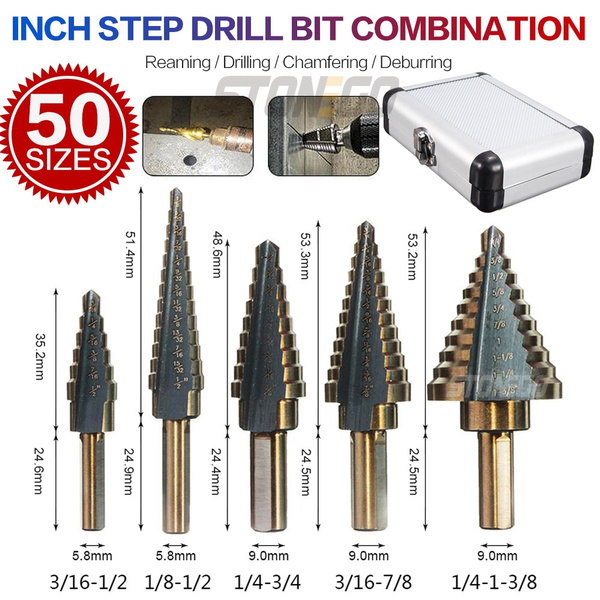 WEI-LUONG Tools 6Pcs Step Drill Bit Set Automatic Center Punch High Speed Steel Total 50 Sizes Double Cutting Blades Design with Aluminum Case Drill Bit 