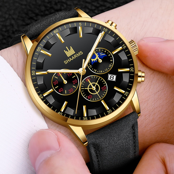 Montre Homme Top Brand Watches Men Fashion Sport Watches Leather Strap Watch Quartz Business Wristwatch Mens Moon Phase Faux Chronograph Watches