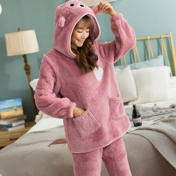 Winter Women Animal Pajamas Flannel Sleepwear Cute Cartoon Nightclothes Warm Thick Fur Pajama Two Pieces Set