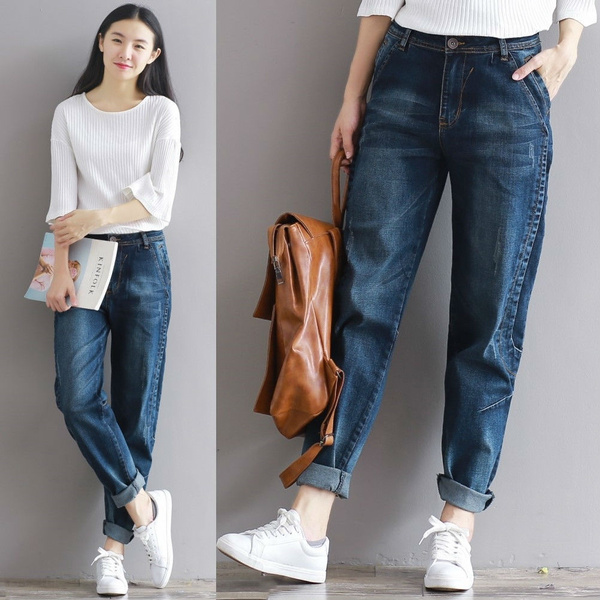 Streetwear High Waist Cargo Jeans Woman Plus Size Blue Stretch