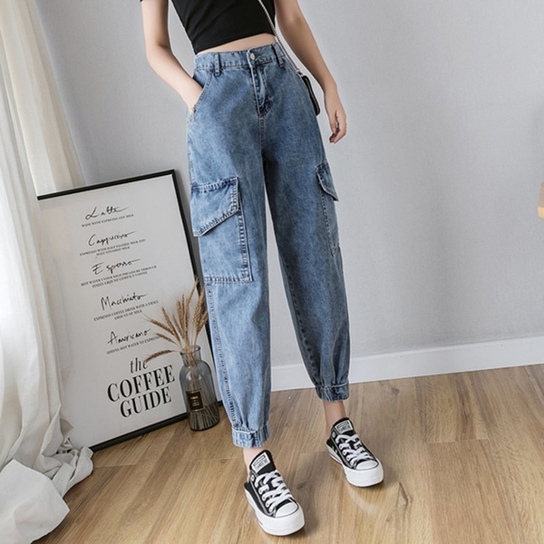 2019 Streetwear High Waist Cargo Jeans Woman Plus Size Blue Mom
