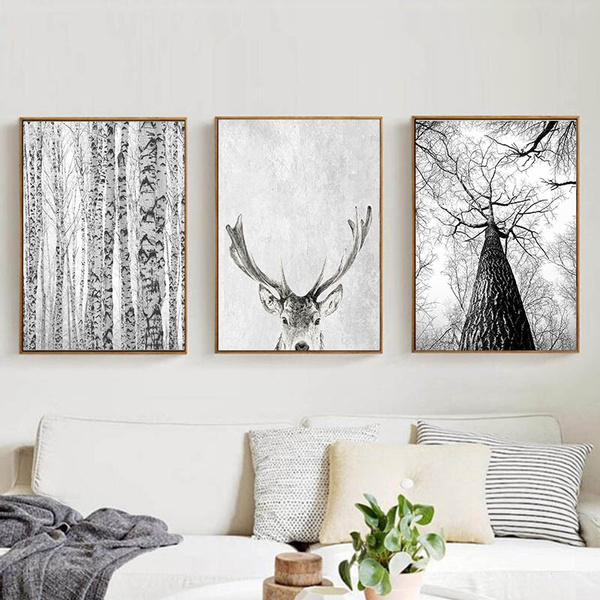 Picture of Modern Scandinavian Wall Art Grey White Tree Canvas Painting Deer ...