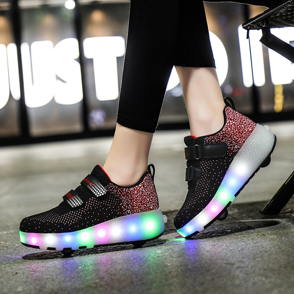 Unisex Kids LED Roller Skates Shoes with Wheels Boys Girls LED Lights Luminous Trainers Double Wheel Technical Skateboarding Shoes Outdoor Gymnastics Sneakers with USB Charging