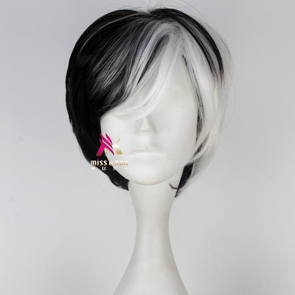 Deville Cruella De Vil Cosplay Wig One Hundred And One Dalmatians Devil Wigs Half White Half Black Layered Cosplay Wig Wig Cap Wish