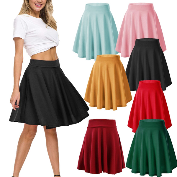 JEATHA Womens PU Leather Casual Fashion Stretchy Flared Pleated A-Line Circle Mini Skater Skirt