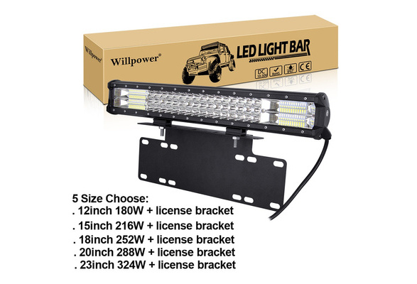 Willpower led light bar with Universal Front Bumper License Plate Mount  Bracket Holder , 12inch 180W / 15inch 216W /18inch 252W / 20inch 288W  /22inch 324W 7D Tri Row led light bar