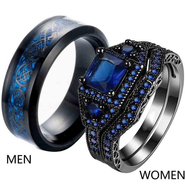 2 Rings Couple Rings Black Stainless Steel Men's Ring Sapphire Women's Ring Sets