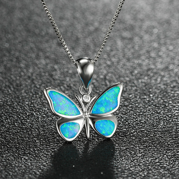 Opal Butterfly Pendant Sterling Silver Necklace Blue White Opal Jewelry Gift 