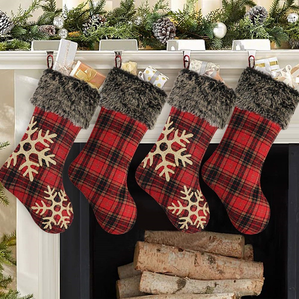 Christmas Stockings 4 Pcs 18 Inches Burlap With Large Plaid Snowflake   5db9030ff3a61103bb45a024 Large 