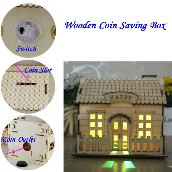 Piggy-Bank Wooden Coin Saving Box Kids Gift Coin Saving House Money Box Light 
