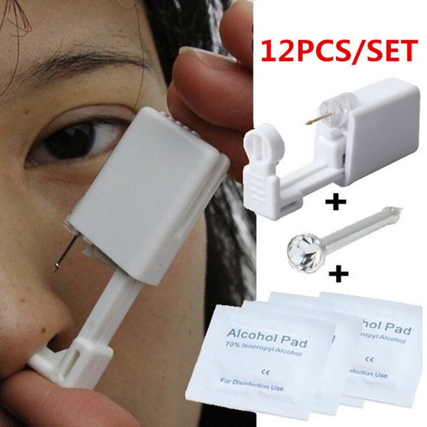 12 Pcs/Total 1 Ear Ring + 1 Piercer + 10 Pcs Alcohol Pad New Safety Disposable Ear Nose Piercing