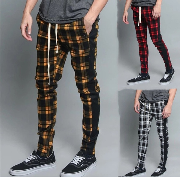 drawstring plaid pants mens