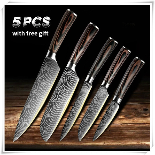 Cleaver Boning Knife 5pcs Kitchen Knives Set Chef Japanese Damascus Style  Sharp