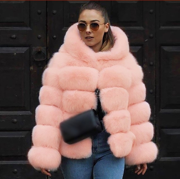 Fluffy Hooded faux fur coat women winter coats Thick Warm Long Sleeve Fur  Jacket Winter Fur