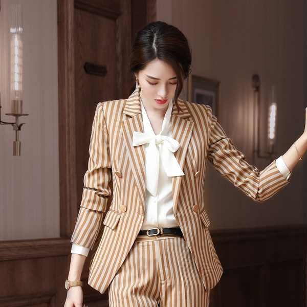 New Fashion Formal Suits for Women Casual Office Business Suitspants Work  Wear Sets Uniform Styles Elegant Stripe Pant Suits