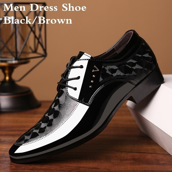 Fashion mens patent leather dress shoes lace up Pointed toe flats wedding shoe 
