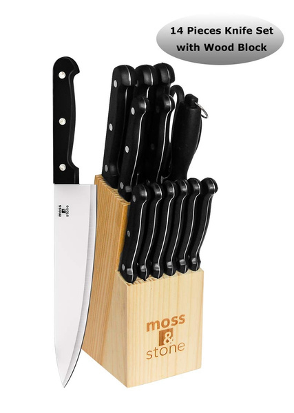 Moss & Stone Stainless Steel Serrated Knife Set | Kitchen Knives Set with High-Carbon Stainless Steel Blades and Wood Block Set | Cutlery Knife Set