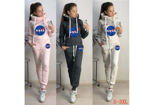 Fashion Women Clothes Sets Nasa Printed high collar Fleece Hoodie + Pants  2PCS Set Hooded Sweatshirts Suits Tracksuit for ladies girls | Wish