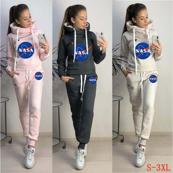 Fashion Women Clothes Sets Nasa Printed high collar Fleece Hoodie Pants 2PCS Set Hooded Sweatshirts Suits Tracksuit for ladies girls Wish