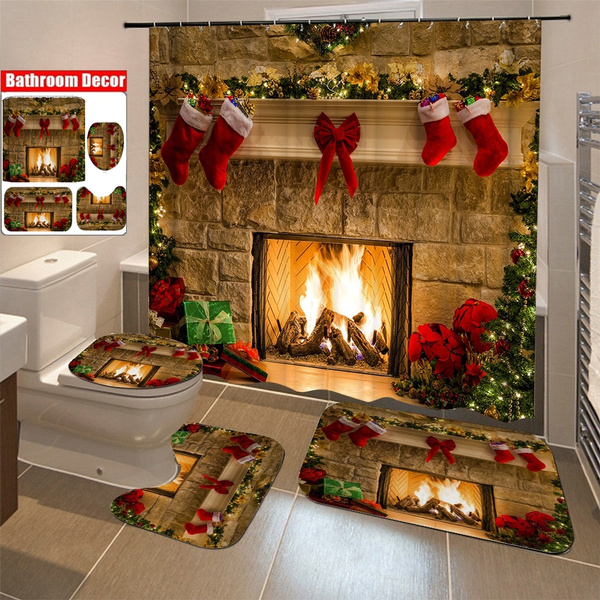 US Christmas Fireplace Waterproof Shower Curtain Bath Mat Carpet Toilet Cover