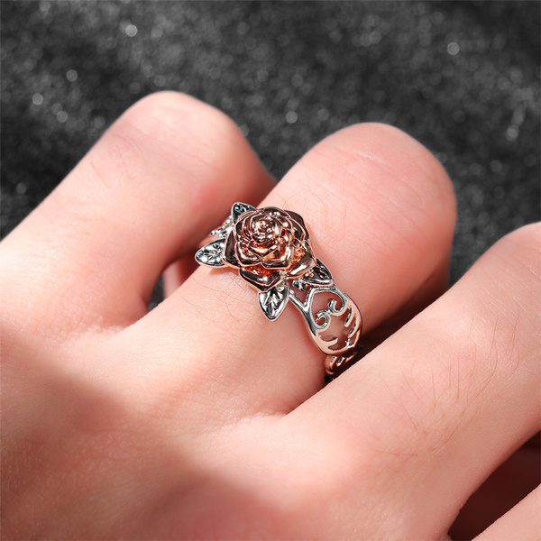 Elegant Two Tone Rose Gold Rose Flower Ring 925 Silver Women Jewelry Size 5-10