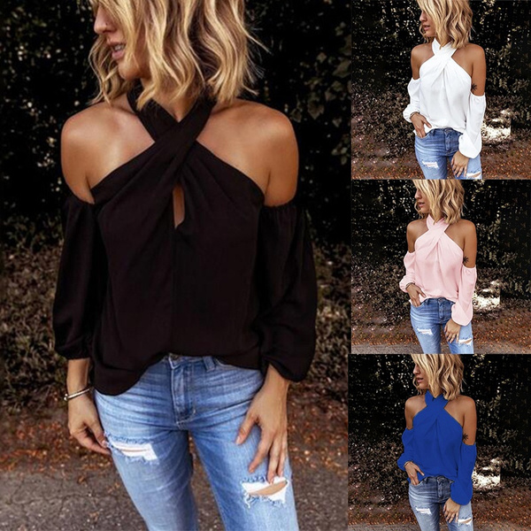 Women Halter Solid Casual Off Shoulder Long Sleeve Shirt Fashion Blouse