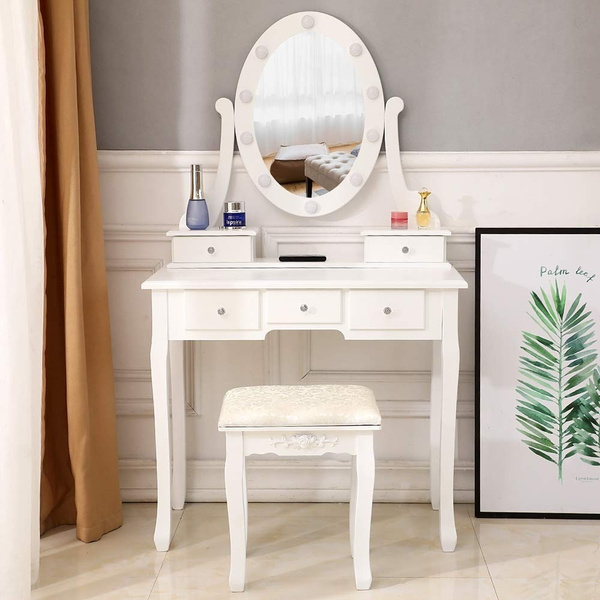 Light Bulb Makeup Dresser Table, Lighted Vanity Table With Mirror And Bench