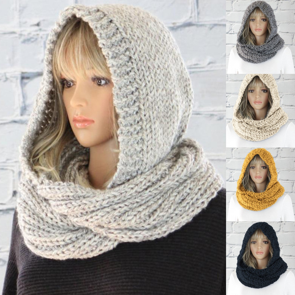 Women Fashion Casual Knit Hooded Scarf Autumn Winter Warm Retro Hat ...